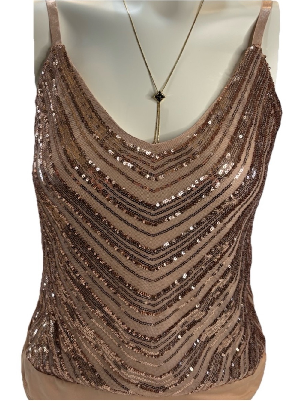 GUESS Beige & Gold Sequin Striped One-Piece Bodysuit Adjustable Straps Size L - Picture 3 of 6